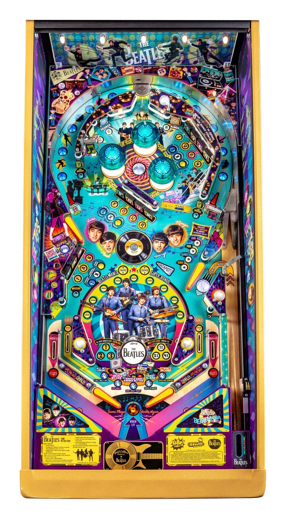 Colorful Beatles-themed pinball machine with band members and music icons