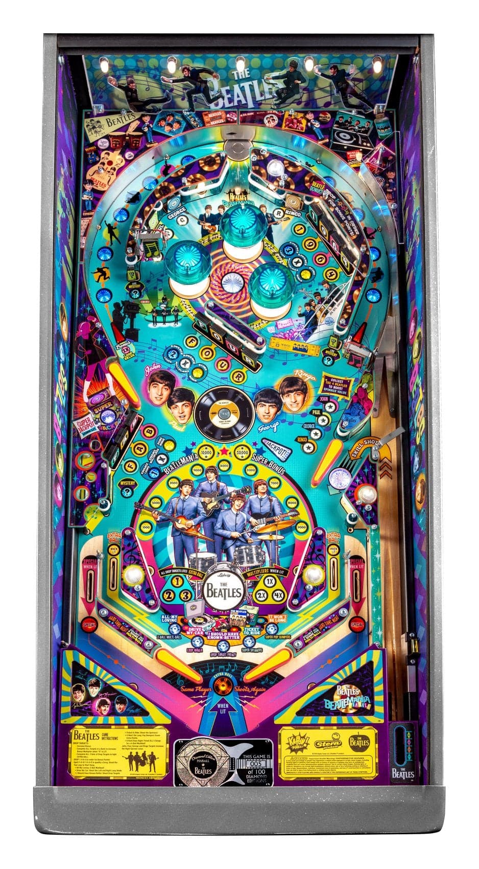 The Beatles-themed pinball machine with colorful artwork and band imagery