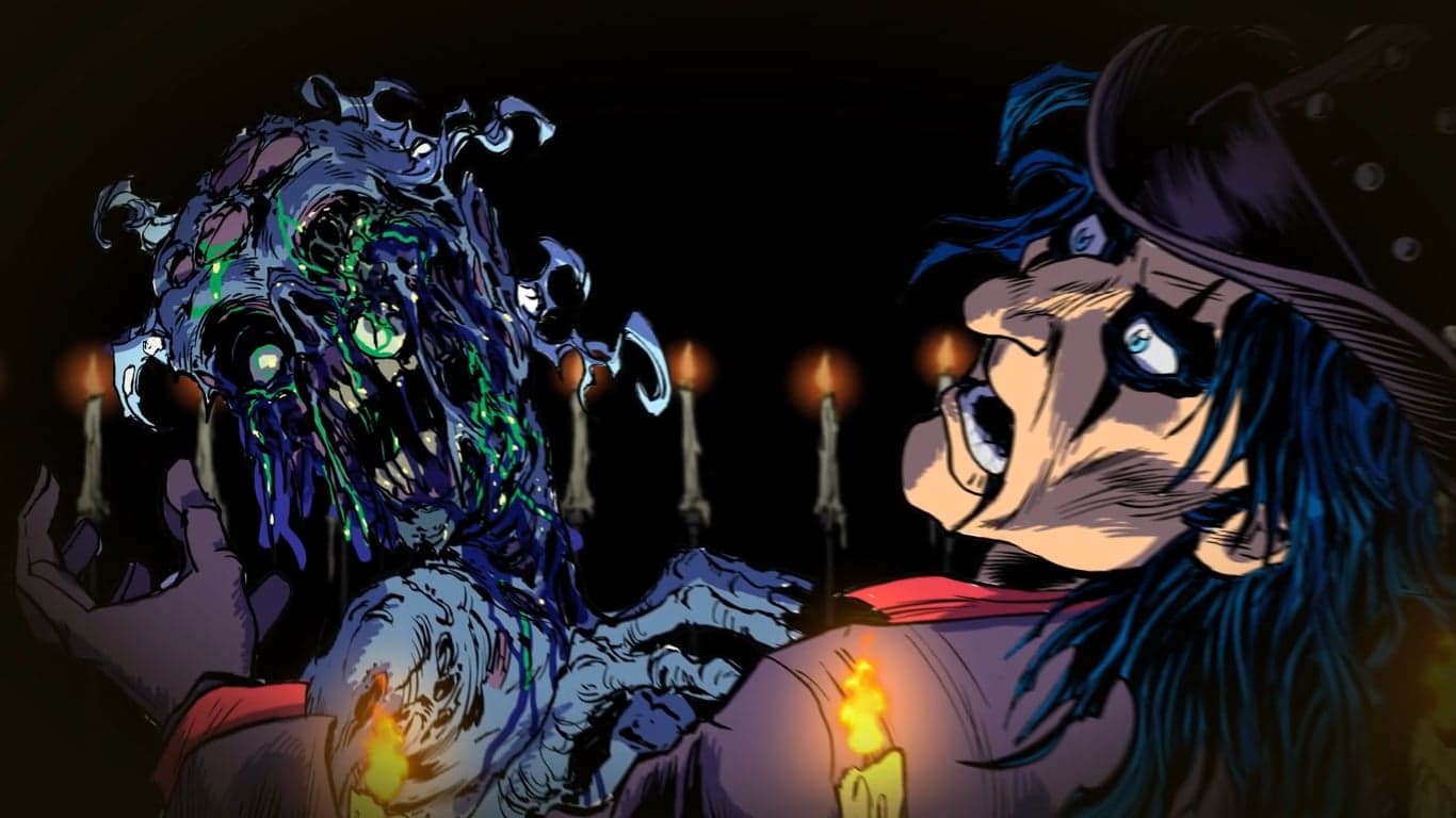Monstrous creature confronts a person amid flickering candles in dark scene
