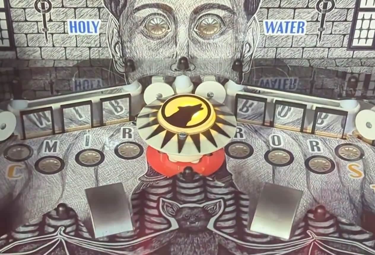 Surreal artwork with mystical creature, mirrors, and holy water symbols