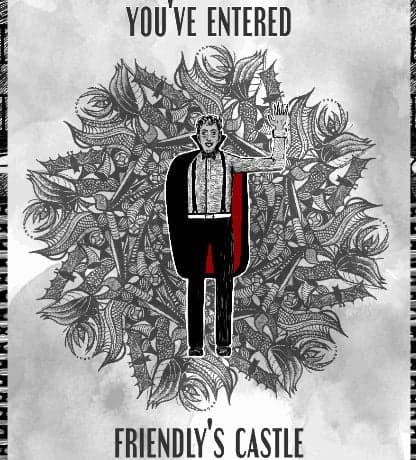 Stylized figure standing in front of intricate floral design with text