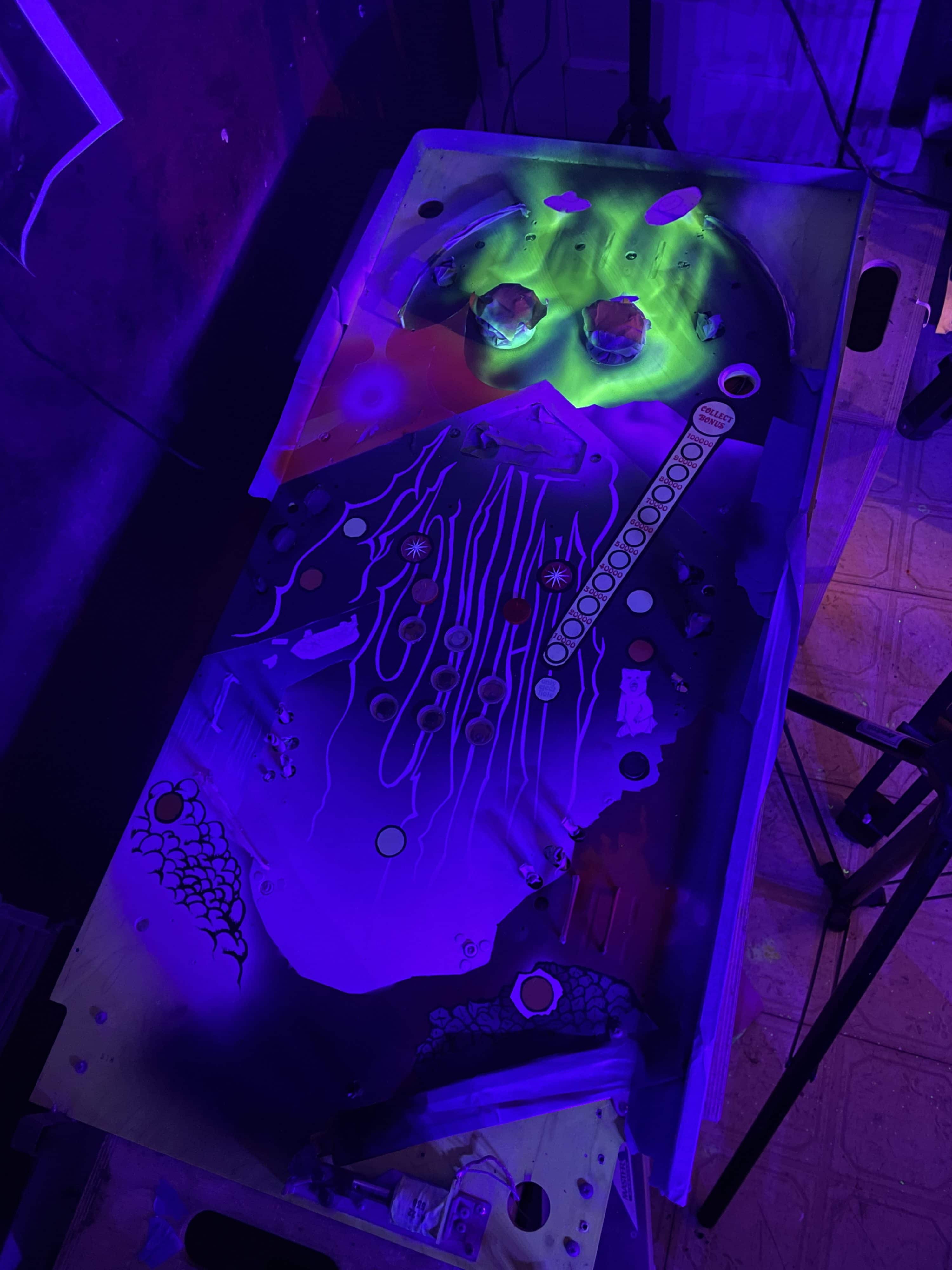 Glowing green and purple fluorescent scientific sample under ultraviolet light