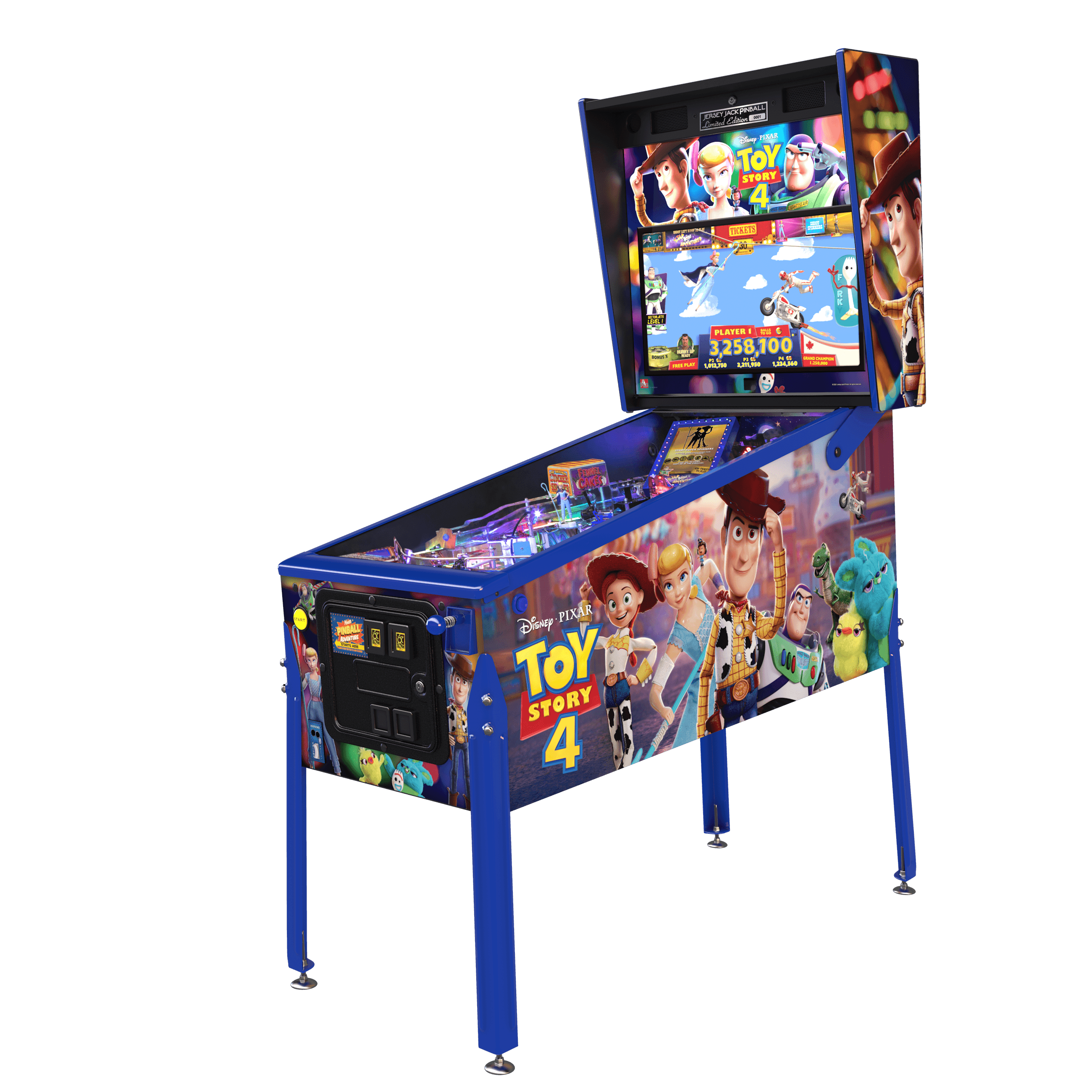 Toy Story 4 themed pinball machine with colorful characters and playfield