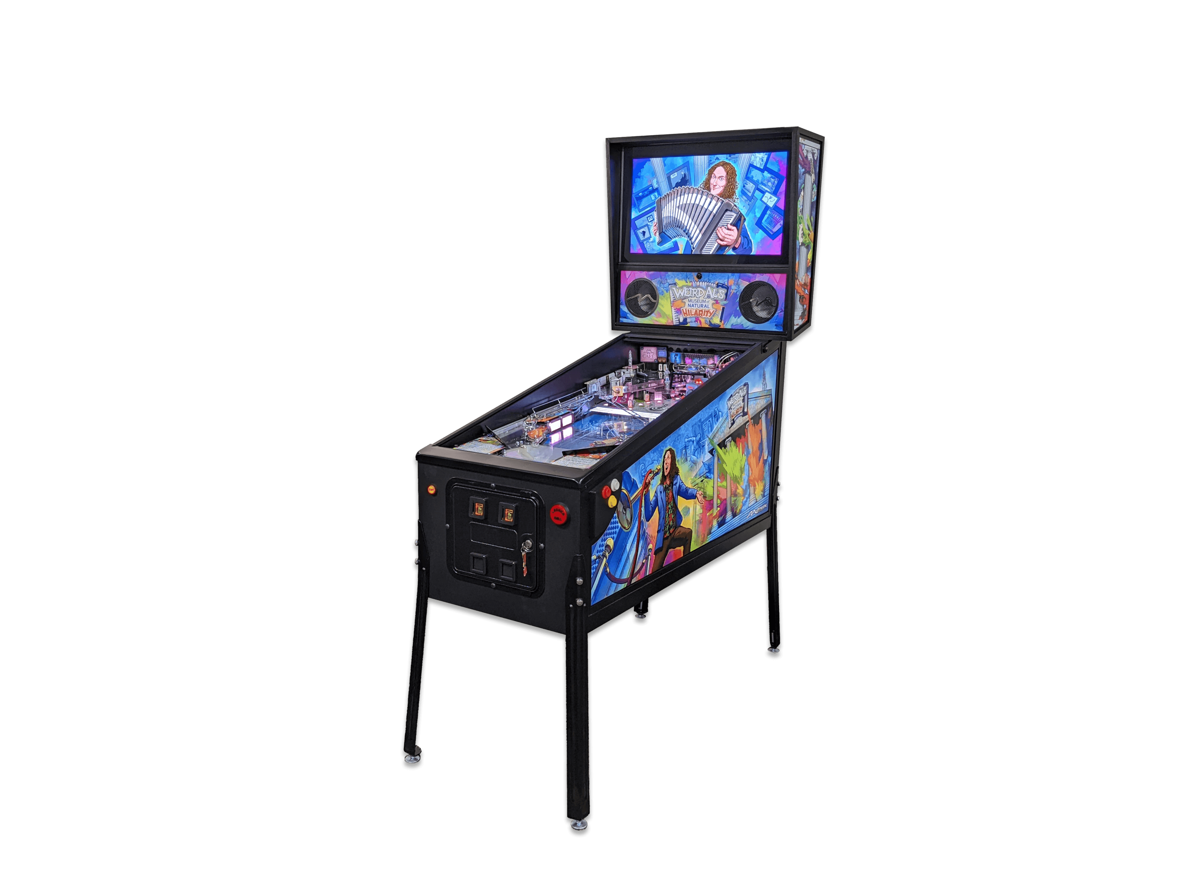 Colorful pinball machine with musician playing accordion on backglass