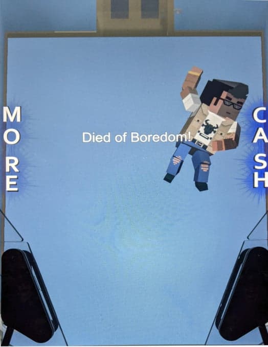 Pixelated character falling with "Died of Boredom" text on blue background