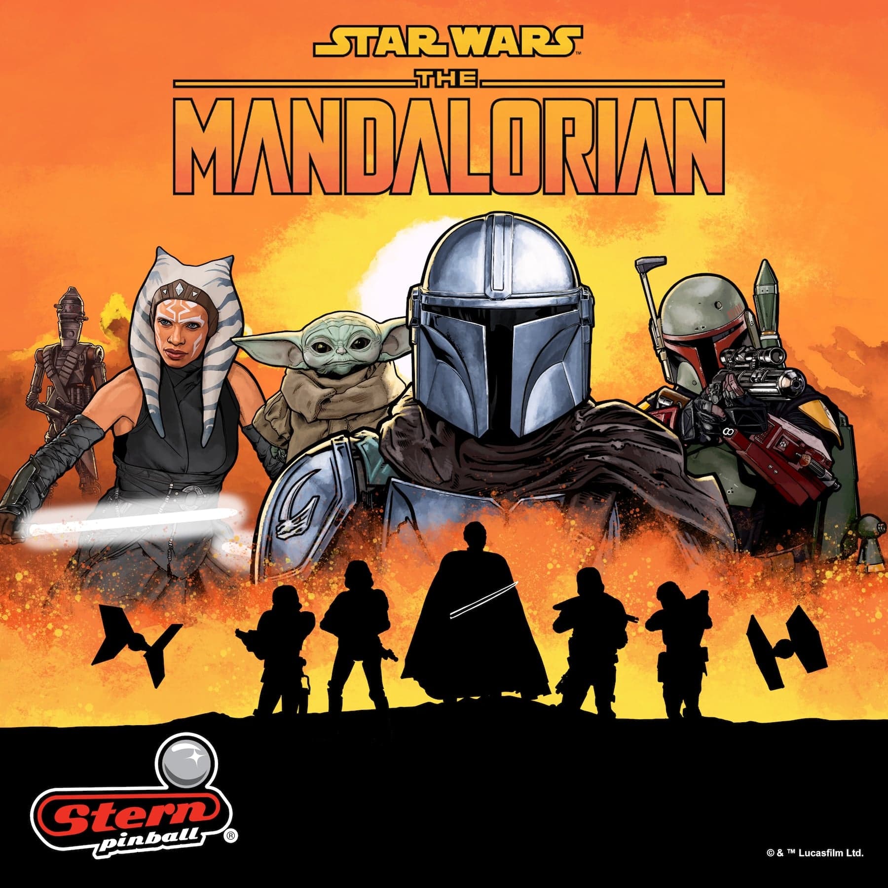 Star Wars: The Mandalorian characters poster with fiery orange background