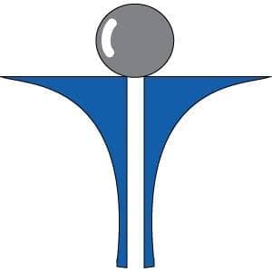 Stylized human figure with gray head and blue wings or limbs