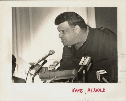Official in uniform speaking at press conference with multiple microphones