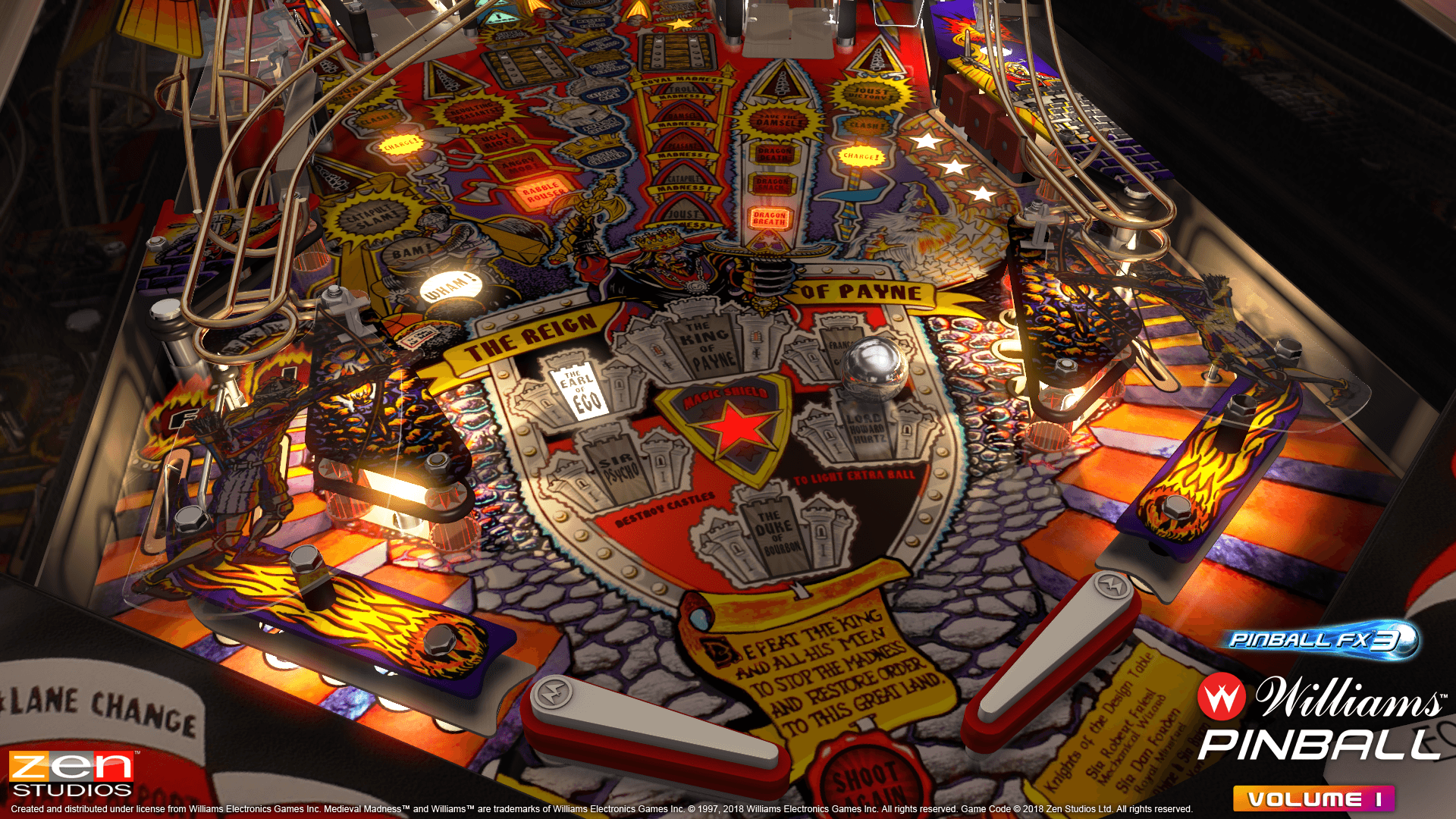 Colorful Medieval Madness pinball machine with intricate playfield design